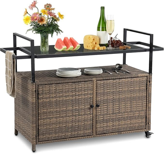 Wicker Outdoor Bar Cart - Brown Patio Console Storage Table Buffet Cabinet Serving Kitchen Cart with Wheels for Outside Backyard