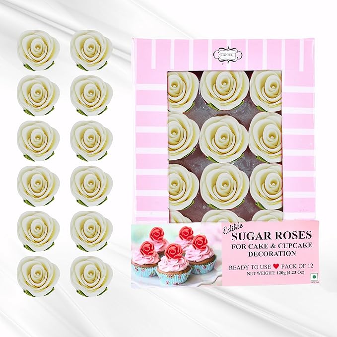 Confect Edible Flower | Edible Flower for cake & Cupcake decorations | Doughnut Edible Toppers | White venetian Flower - Vegan, Gluten-Free, Soy-Free, Dairy-Free, Palm Oil-Free -Pack of 12