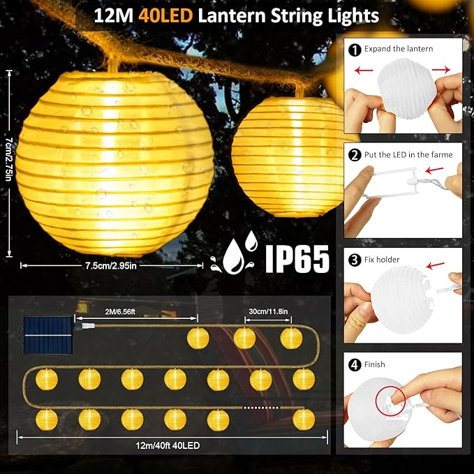 Solar Lantern String Lights Waterproof Outdoor, 40ft 40Led Warm White & Multi-Color Garden Lights Hanging Hemp Rope Nylon Lanterns with Remote, Timer for Yard, Balcony, Fences, Porch, Patio, Party