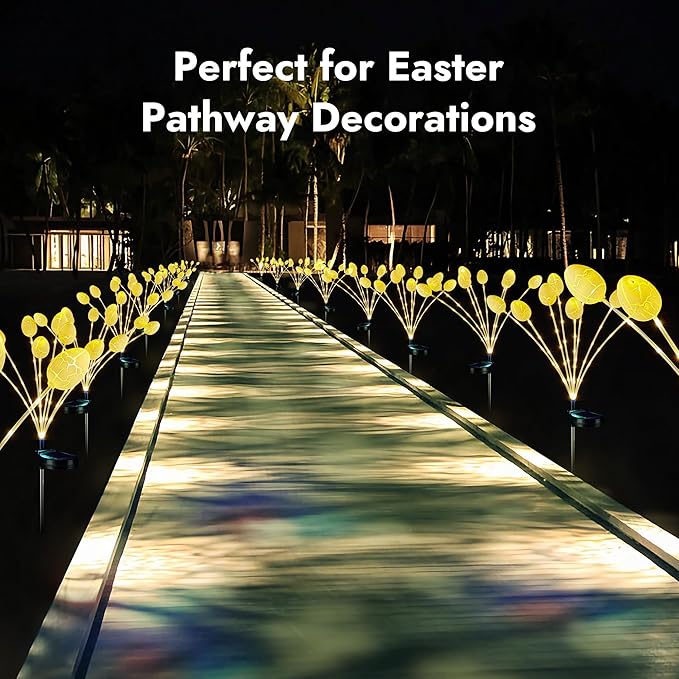 WBao Solar Easter Decorations Outdoor, 4 Packs Easter Egg Pathway Lights with Stainless Steel Stakes, 2 Modes, Waterproof, Growing Stem Easter Egg Lights for Garden Patio Yard Easter Décor, WarmWhite
