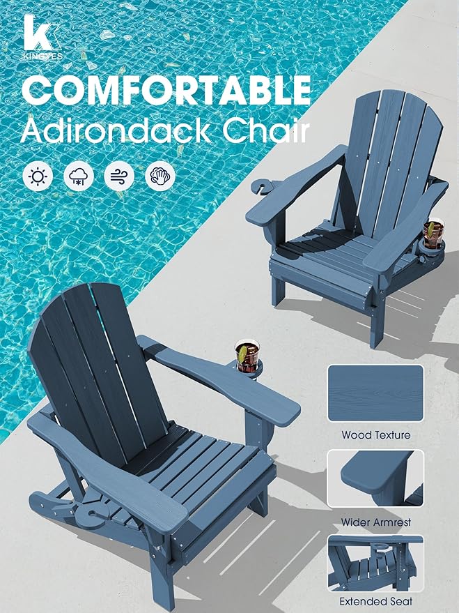 KINGYES Folding Adirondack Chair Set of 8, Dual Cup Holders & All-Weather HDPE, Wood-Like Patio Chair for Backyard, Camping, Pool & Fire Pit, Navy