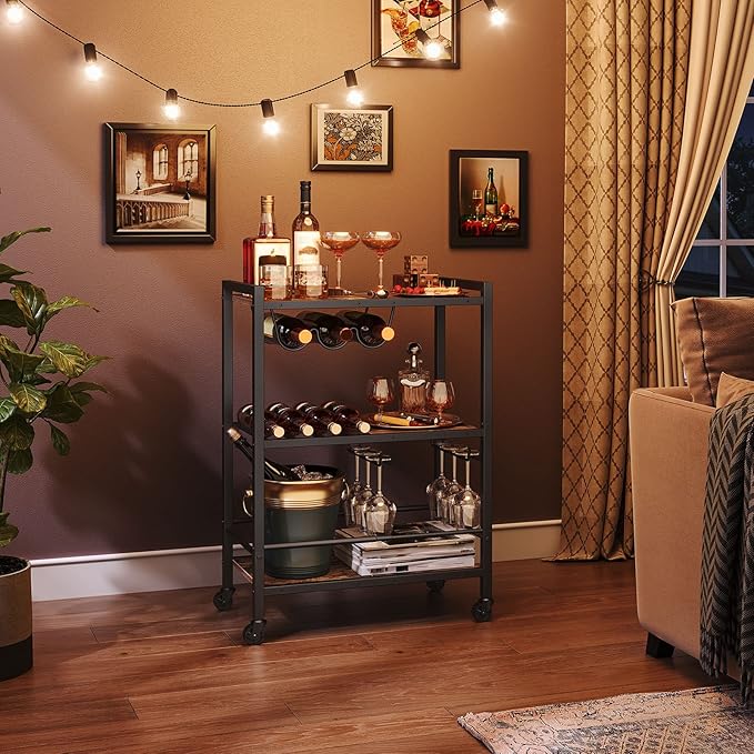 HOOBRO Bar Cart, 3-Tier Coffee Cart with Wheels, Kitchen Cart, Wine Cart with Wine Rack and Glass Holder, Rolling Serving Cart for Home, Living Room, Party, Bar, Rustic Brown and Black BF35TC01G1