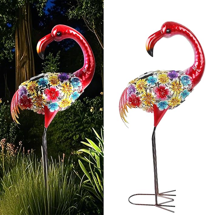 Solar Outdoor Garden Lights,25.3 Inch Height Metal Flamingo Sculptures Garden Statues,Mothers Day Ideal Gifts, Waterproof Path Lights Lawn Stake Ornaments for Patio Pathway Lawn Porch Yard Decoration