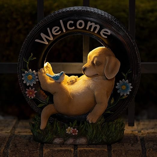 VP Home Chillaxing Welcome Puppy Dog Solar Powered LED Outdoor Decor Garden Light Outdoor Decor Garden Light Welcome Chillax Puppy Statues Outdoor Funny Figurine Decor for Outside Patio, Yard, Lawn