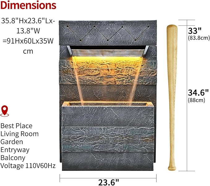 34.65'' Outdoor Garden Cascading Stone Floor-Standing Waterfall Fountain with LED Lights for Patio, Backyard, Deck, Porch and Home Art Decor