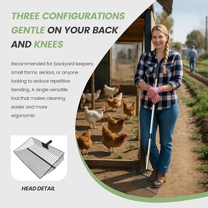 Chicken Poop Scooper for Sand + Work Gloves，Chicken Coop Scoop with 30" to 67" Adjustable Stainless Steel Long Handle，Sifting Shovel，Poop Scooper for Chicken Coop Rake，Farm Animals，Cleaning Tools