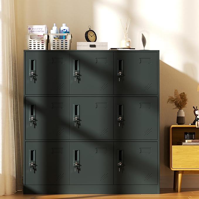 9 Doors Metal Lockers for Employees, Steel Storage Locker with Lock and Card Slot,Lockable Office Metal Storage for School Office Gym Bedroom,Garage (Black)