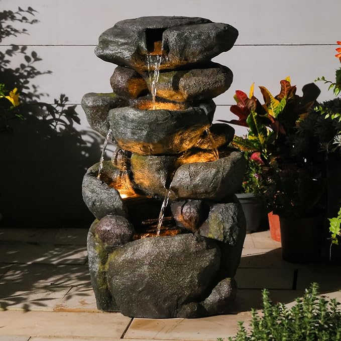Outdoor Water Fountain 4-Tiers Rock Cascading Indoor Floor-Standing Resin Bubbler Fountain Features Garden, Patio, Yard, Lawn and Home Art Decor, 29“H