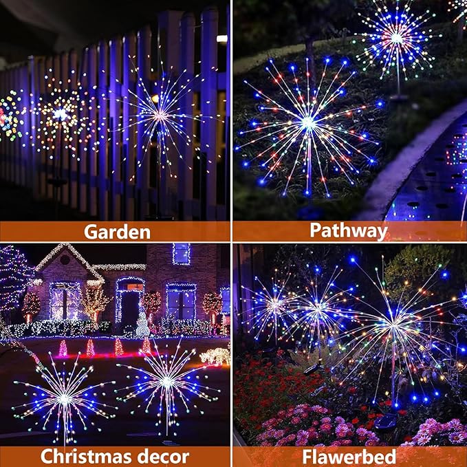 4 Pack Solar Firework Lights 150 LED Create Magical Nights, Waterproof Starburst Fairy Lights for Garden Yard Patio Christmas Romantic Wedding Party Decor(Color)