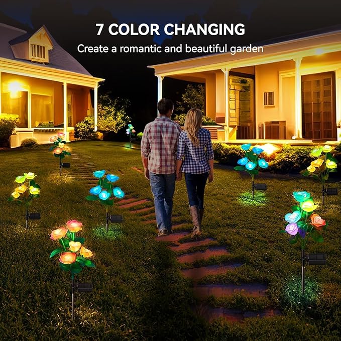 3 Pack Solar Garden Lights Outdoor, Solar Lights Outdoor IP65 Waterproof, 7 Color Changing Solar Powered Flowers Rose Lights for Outside Patio Yard Pathway