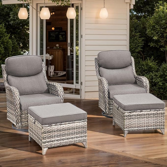 HUMMUH Wicker Patio Furniture High Back Swivel Rocker Patio Chairs Outdoor Bistro Set with Ottomans Side Table for Porch Garden Deck