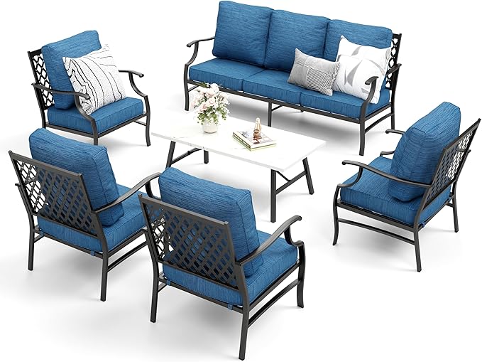Patio Furniture Set 6 pcs, Outdoor Patio Furniture, 1 X 3-Seat Sofa, 4 X Single Chairs, 1 X Coffee Table and 5.75" Extra Thick Cushion, Patio Conversation Set,Gemstone Blue