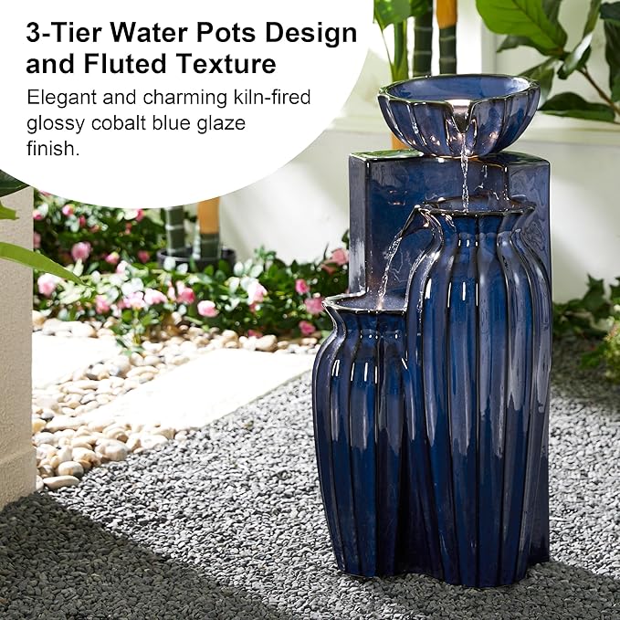 Glitzhome 26.75" H Ceramic Outdoor Water Fountain with LED Lights and Pump, Cobalt Blue Fluted Texture Cascading Waterfall Floor Standing Fountain for Porch Deck Garden Patio Backyard