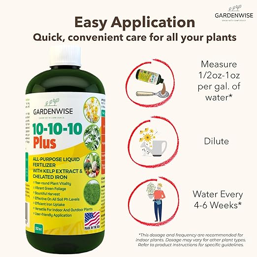 10-10-10 Fertilizer for All Purpose Plants - Liquid Fertilizer with Seaweed Kelp & Iron - Plant Food Outdoor & Indoor Plant Food, Vegetables,Flowers, Lawn & Garden 10 10 10 Fertilizer 16 oz