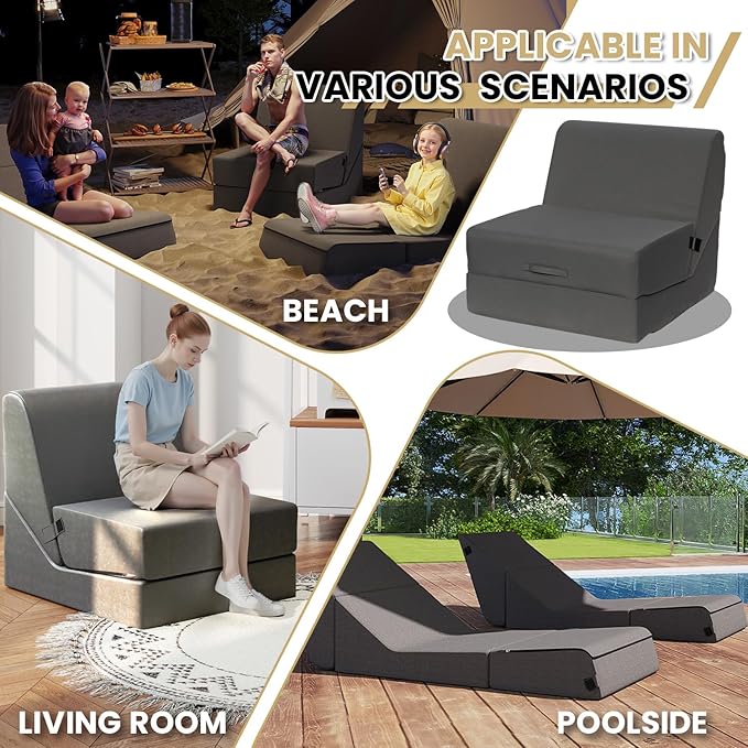 jela Outdoor Chaise Lounge, Waterproof Folding Sofa Bed Lounge Chair, UV Resistant Folding Lounge Chair with Machine Washable Cover, Soft Foam Patio Sofa Chairs Pool Lounge Chaise Chairs (Darkgrey)