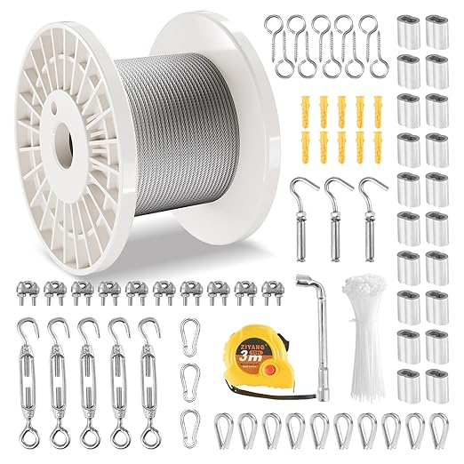 VEVOR Wire Rope Kit, 1/8" 100 ft 304 Stainless Steel Cable with 124 Accessories, 1600 lbs Breaking Strength, 7x7 Strands Construction Marine Aircraft Grade for Handrail Stair Decking Fence Outdoors