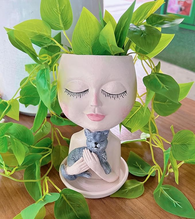 Head Planter with Drainage Hole, Resin Art Vase, Cute Lady Hugging Cat Succulent Flower Pots, Unique for Indoor Outdoor Decor, 7.28in