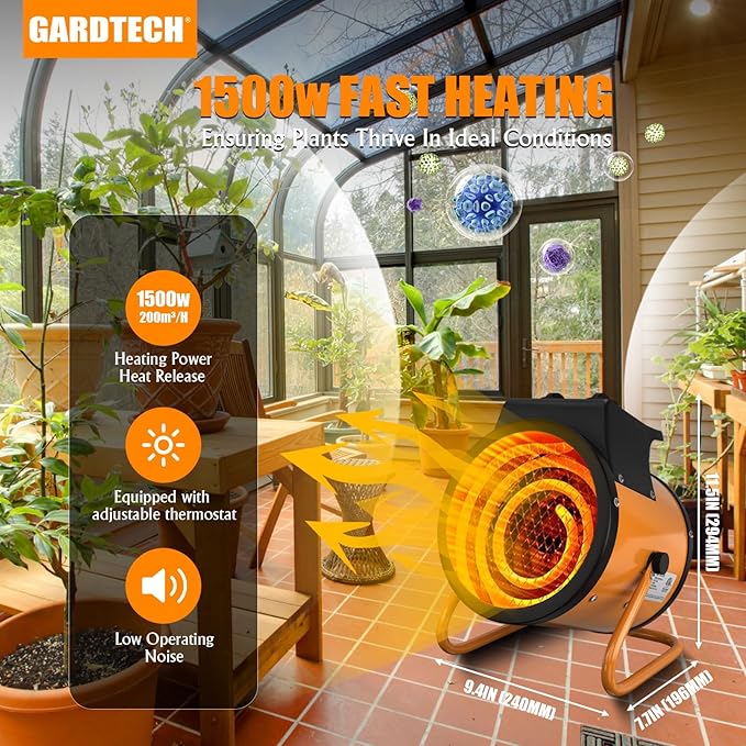 Gardtech Greenhouse Heater with Digital Thermostat, 1500W Portable Outdoor Heater with Overheat Protection, Grow Tent Heaters [Stronger air volume] Fast Heating for Patio, Garage, Flower House(Orange)