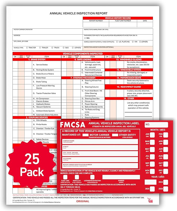 25 Pack Buck 3-Ply Carbonless Annual Vehicle Inspection Report Forms with Red Aluminum FMCSA Adhesive Labels with Punch Boxes, FMCSA & DOT Compliant, Shrinkwrapped Bundle, 8.5" x 11.8" - Made in USA