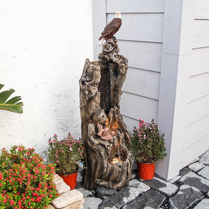 YZM 50.79" H Outdoor Rainforest Waterfall Tree Trunk Fountain with Bald Eagle Outdoor Cascading Water Feature for Garden Patio Backyard Landscape Décor 3-Tier Water Fountains