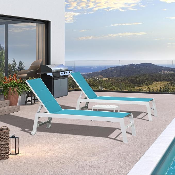 PURPLE LEAF Outdoor Chaise Lounge Set Oversize Adjustable Sunbathing Recliner Extra Wide Lounge Chairs with Side Table for Poolside Beach Outside Patio Aluminum Chaise Lounger Blue 2 Sets