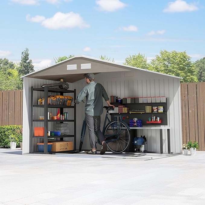 Outsunny 9' x 6' Outdoor Storage Shed, Garden Tool Metal Shed with Foundation Kit, Double Lockable Door, Air Vents and Sloping Roof, for Backyard, Patio, Lawn, Light Brown