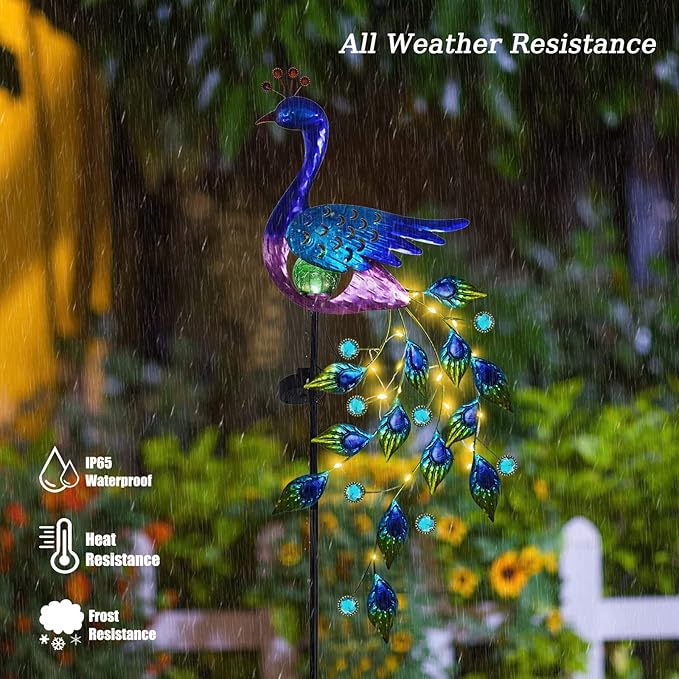 DREAMSOUL Peacock Solar Garden Lights Outdoor Decorative Stake, Waterproof Metal Peacock Garden Decor Solar Powered Landscape LED Path Lights Walkway Patio Decoration Lawn Ornament Christmas Gifts