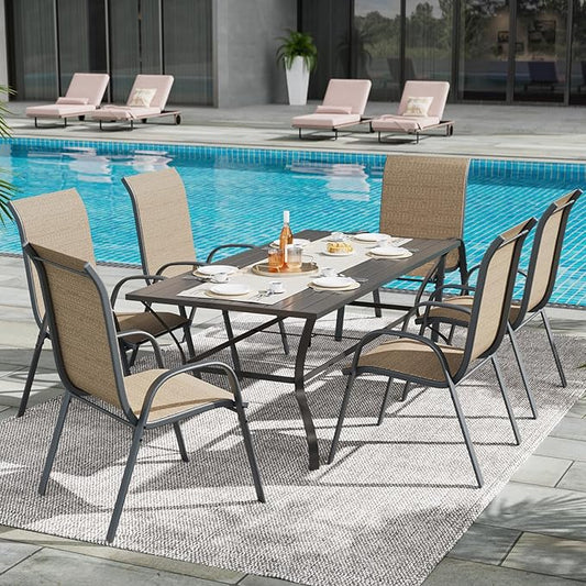 UDPATIO Patio Dining Set of 7, Outdoor Table and Chairs Set with Square Metal Table, 6 Stackable Patio Chairs with High Back, Outdoor Furniture for Deck Garden Backyard Lawn Poolside (Brown)