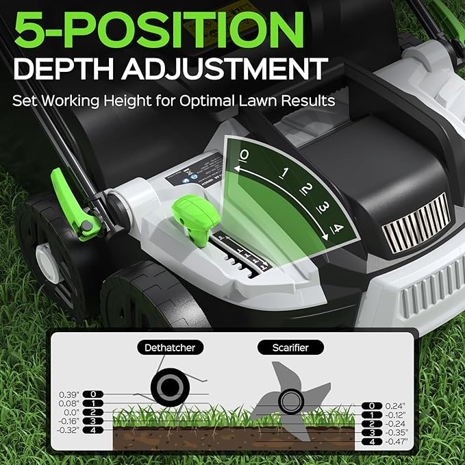 16-Inch 15.5 Amp 2-in-1 Electric Dethatcher and Scarifier with 14.5-Gallon Removable Thatch Collection Bag, Lawn Dethatcher with 5-Position Depth Adjustment, Quick-Fold, Keeps Lawn Healthy