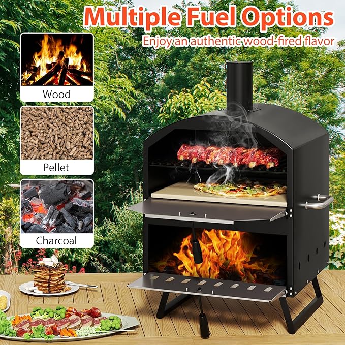 Happygrill Pizza Oven Outdoor, 16” 2-Layer Wood Fired Pizza Maker with Stone, Peel & Grill Racks, Portable Burning Stove with Folding Legs and Cover for Camping Patio Backyard BBQ