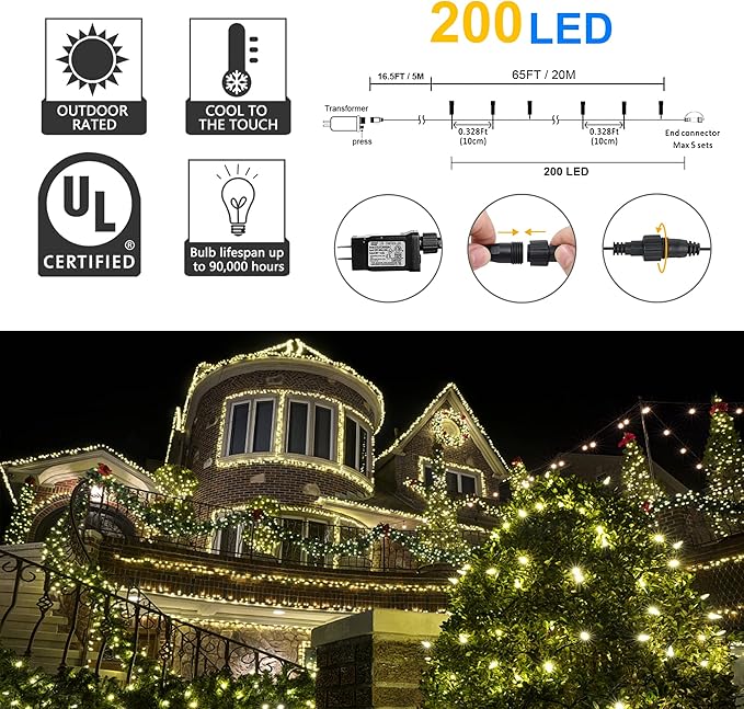 weillsnow 66 FT 200 LED Warm White Christmas Lights,Plug in Waterproof String Lights,8 Lighting Modes with Memory for Outdoor Indoor Garden Tree Christmas Party Decorations(Warm White)