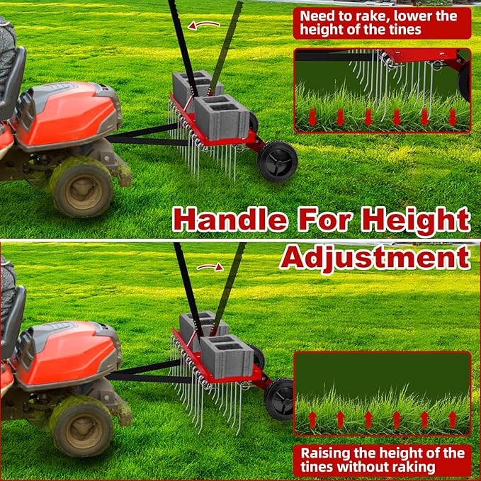 48inch Tow Behind Dethatcher with 24 Spring Steel Tines, Lawn Tractor Rakes with Lift Handle, Tow Behind Rake to Remove Thatch, Riding Lawn Mower Attachments for Outdoor Yard Tools Lawn Care