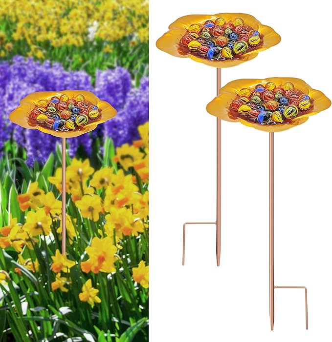 Bee Watering Station-Golden Butterfly Puddler Bee Bath & Feeder with Metal Stakes - 30 Glass Marbles, Vivid Flower Design, Garden Yard Decor (Golden-2PACK)