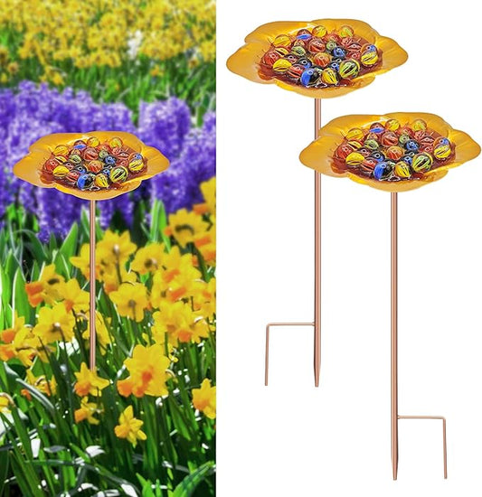 Bee Watering Station-Golden Butterfly Puddler Bee Bath & Feeder with Metal Stakes - 30 Glass Marbles, Vivid Flower Design, Garden Yard Decor (Golden-2PACK)