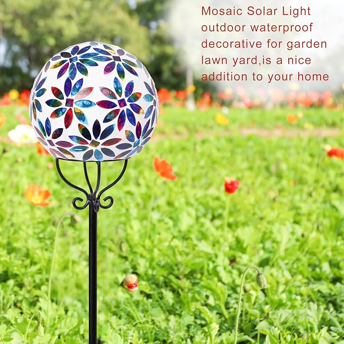 VCUTEKA Solar Outdoor Lights Garden Decor Mosaic Solar Garden Lights Waterproof Glass Ball LED Pathway Stake Light for Landscape Lawn Patio Yard Decoration 6 inch, Multi