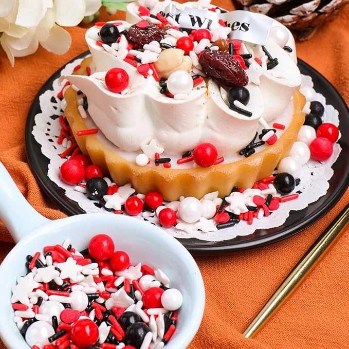 Red White and Black Sprinkles for Cake Decorating, Edible Sprinkle Mix, Perfect for Cake Decorations, Baking, Ice Cream, Cookies, Cupcake Toppers