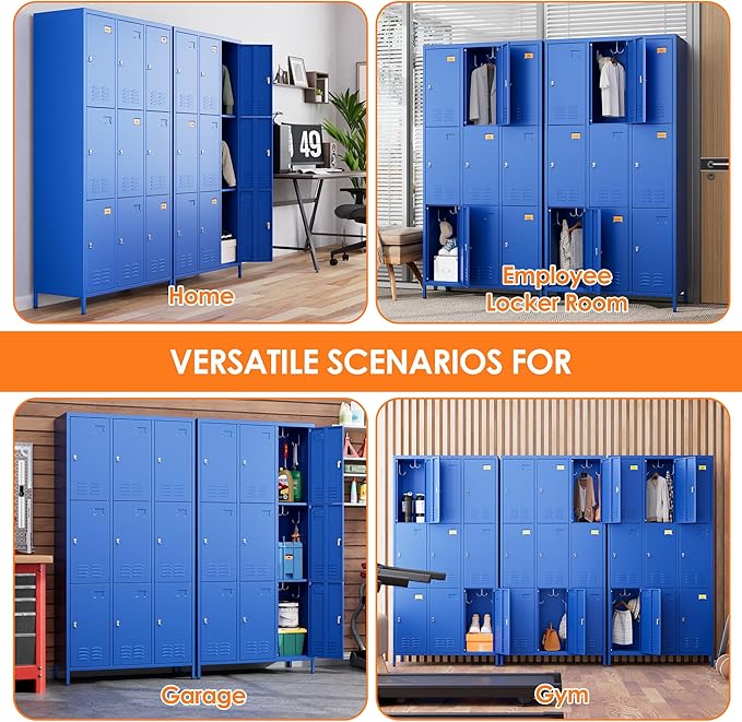 9 Doors Metal Lockers for Employees with 27 Hooks, Storage Locker with Business Card Holder for Office Gym School Bedroom, Assembly Required, Blue