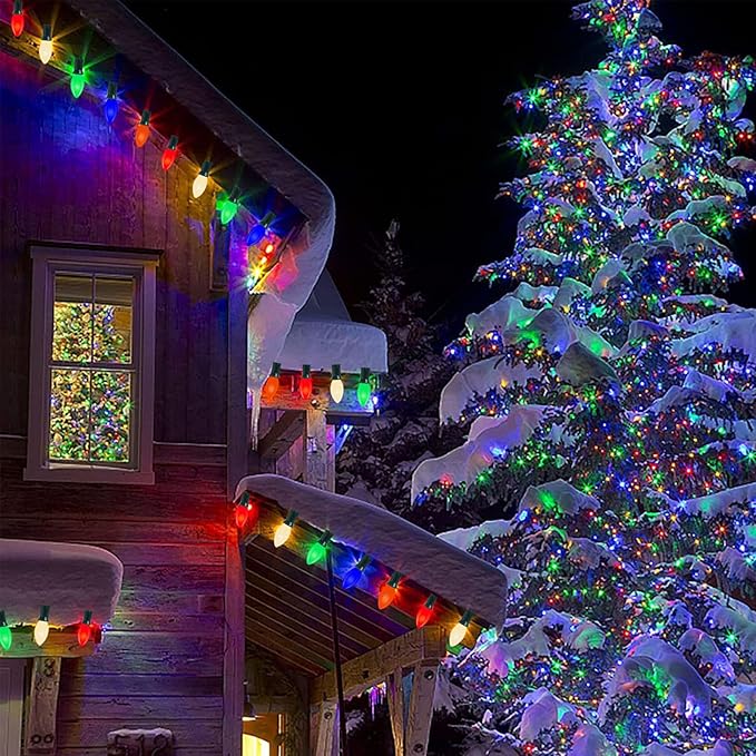 Vintage C9 LED Christmas Lights Outdoor, 25 Feet C9 Multicolor Christmas String Lights with 26 LED Bulbs for Indoor Christmas Tree Roofline Holiday Party Garden Patio Backyard Cafe Xmas Decoration