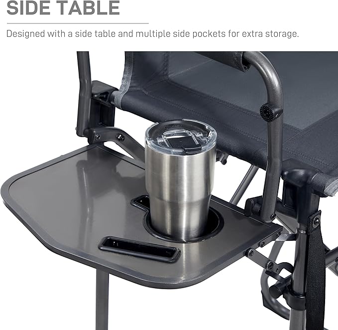 EVER ADVANCED Portable 30.7" Seat Height Tall Folding Camping Chair Directors Chair High Foldable Bar Stool with Side Table for Makeup Artist, Sports Event, Craft Show, Supports 350LBS Grey