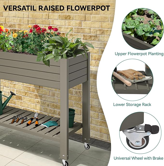 YITAHOME 43.3x17.7x34 in Elevated Garden Bed, Outdoor Plastic Planter Box with Wheels, Legs, Drain Plug, and Storage Shelf for Plants, Vegetables, Flowers, Herbs, Light Brown