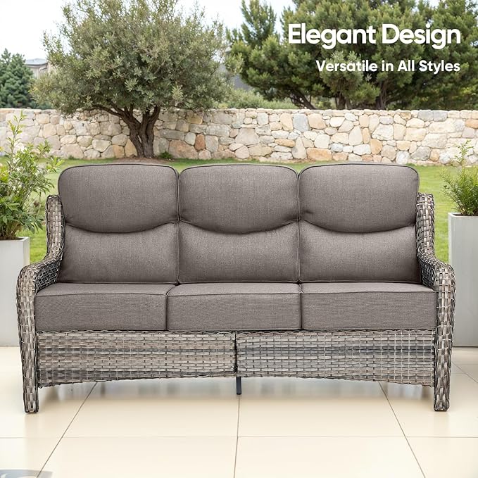 Swivel Patio Chairs sofa Set of 6 - 6" Thick Cushion - Wicker Outdoor Swivel Rocker Patio Chair ,Sofa/Glass coffee table, High Back Comfortable Outdoor Glider Chairs - Grey Wicker | Grey Cushions
