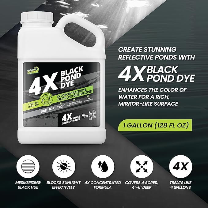 1 Gallon Reflective Black Pond Dye, 4X Concentrate Pond Dye Black, Natural Looking and Long Lasting Liquid Lake Colorant, Protects Against Sunlight - Ideal for Fish, Birds, and Wildlife