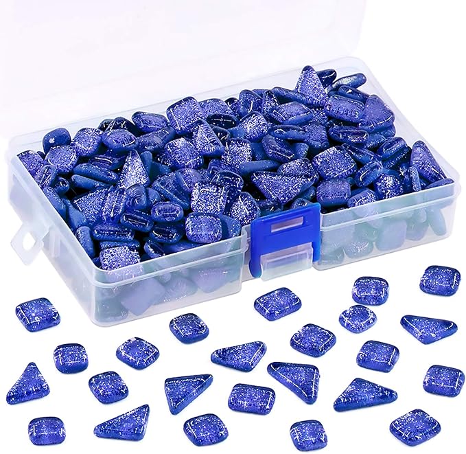 Swpeet 1 Pound Sapphire Blue Shine Crystal Series Mosaic Tiles Assortment Kit, Square and Triangle Genuine Mosaic Tiles Glitter Crystal Mosaic Perfect for Home Decoration Crafts - Mosaic Tiles X