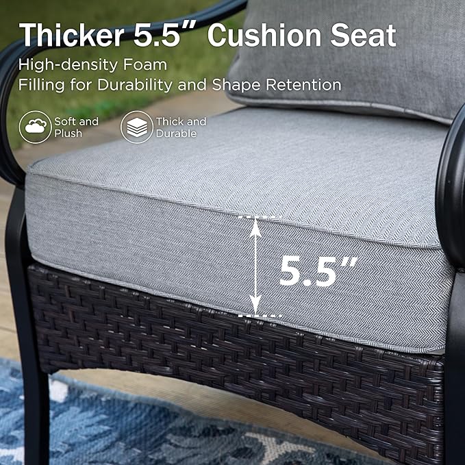 PHI VILLA Patio Furniture Set with 56" Fire Pit Table, Premium Outdoor Wicker Metal Frame Furniture with Upgraded Waterproof Thick Cushions for Porch, Poolside, Deck, and Yard （4 Pieces,Grey