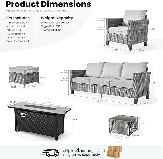 ovios 9 Pieces Patio Furniture Set with 54" Fire Pit Table, Outdoor Sofa Couch with Solar Lights Table Comfy Cushions, Modern Deep Seat Wicker Rattan Conversation Set, Grey