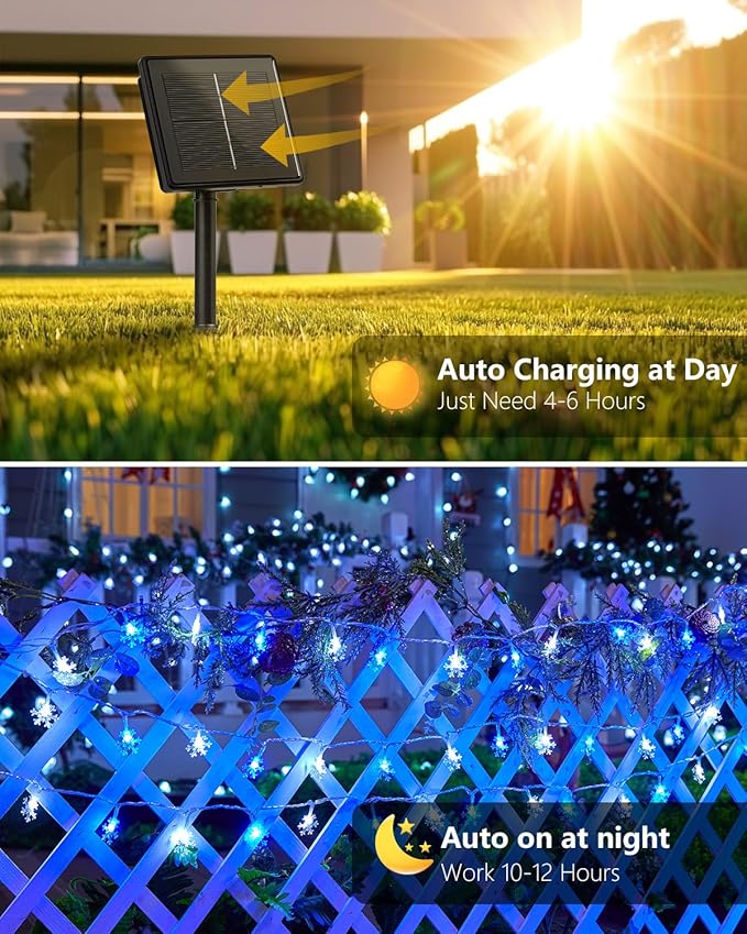 Brightown Solar Christmas Snowflake String Lights 100 LED 39 FT Outdoor Waterproof Fairy Lights with 8 Lighting Modes for Wedding, Party, Tree, Room, Garden, Patio, Yard, Home, Blue