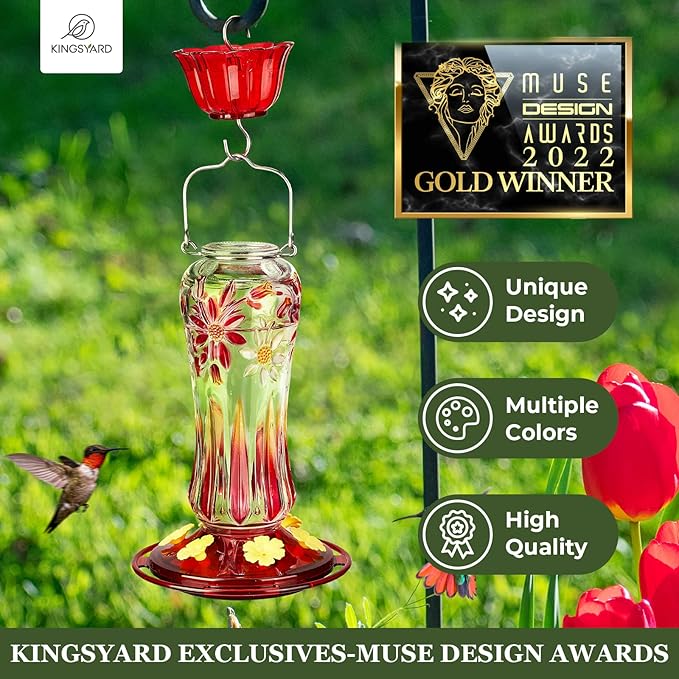 Kingsyard Hummingbird Feeder for Outdoors Hanging, 25 Ounces, Glass Humming Bird Nectar Feeder with Ant Moat & 6 Feeding Ports, Leak Proof, Red