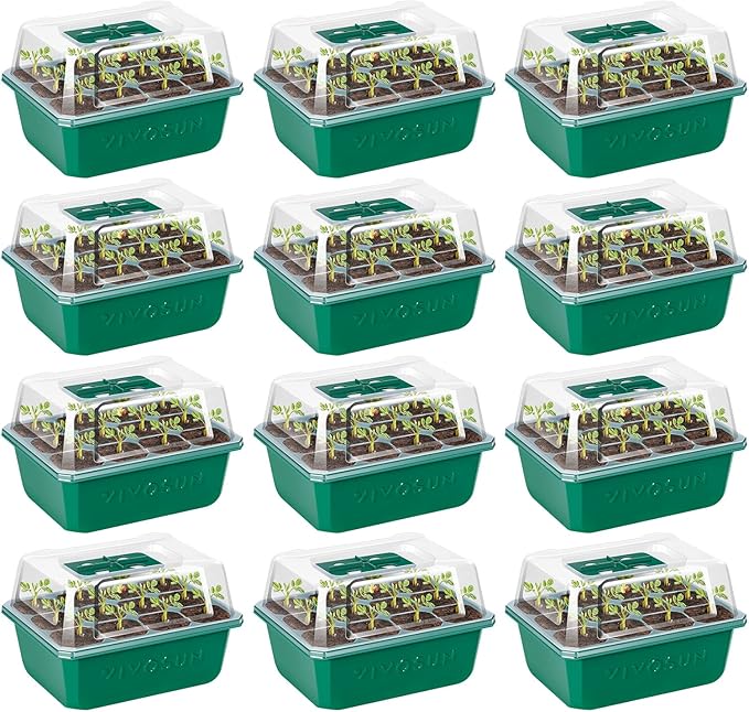 VIVOSUN 12-Pack Seed Starter Trays, 144-Cell Seed Starter Kit with Humidity Dome, Flat Reusable Plant Germination Trays with Drain Hole, Green Propagation Tray for Planting Seeds
