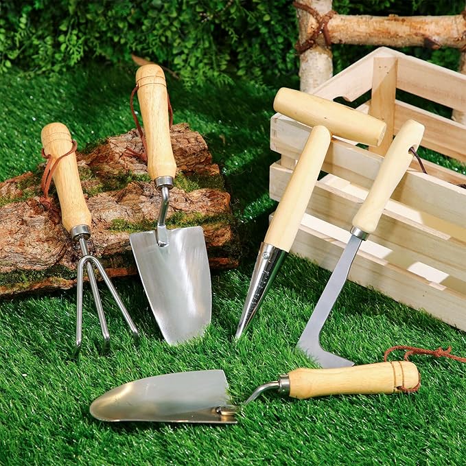 Lasnten 5 Pcs Garden Tool Set, Heavy Duty Gardening Tools with Hand Dibber, Hand Crack Weeder, Transplanter, Big Trowel, 3-Claw Cultivator for Planting Flowers, Gardening Gifts for Women and Men