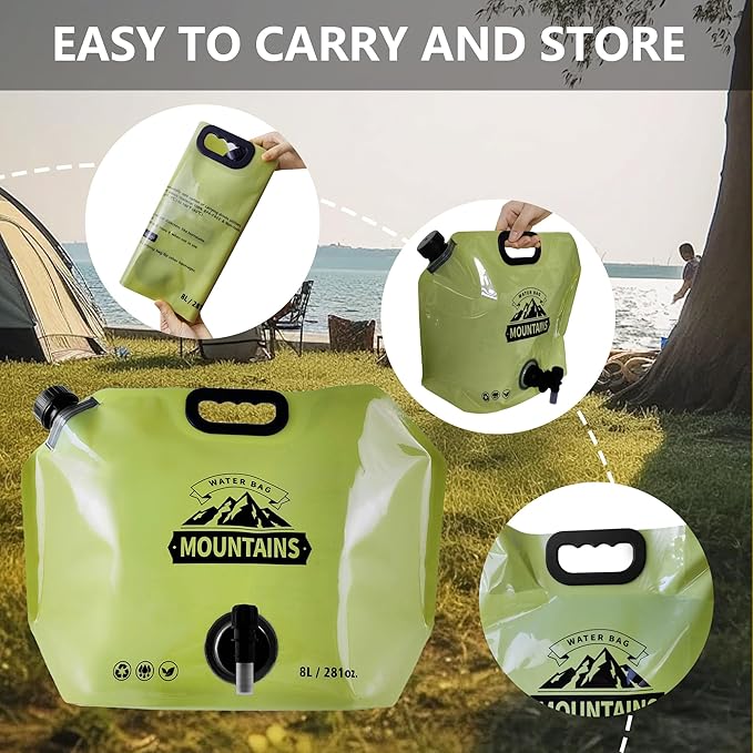 Collapsible 8L Water Storage Bag, BPA-Free Portable Folding Water Jug with Adjustable Faucet, Leakproof Emergency Water Bag for Camping, Hiking, Riding, Outdoor Sport (GREEN, 2)